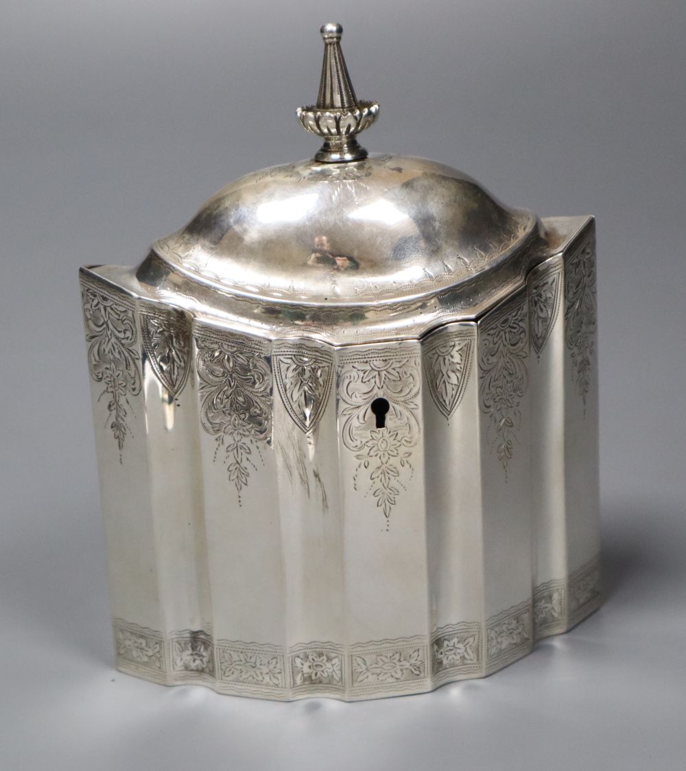 A late Victorian 18th century style shaped oval tea caddy, John Edward Wilmot, Birmingham, 1894 (repaired),